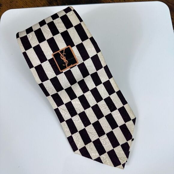 Yves Saint Laurent Checkered Black‎ White Tie Silk - Picture 1 of 9